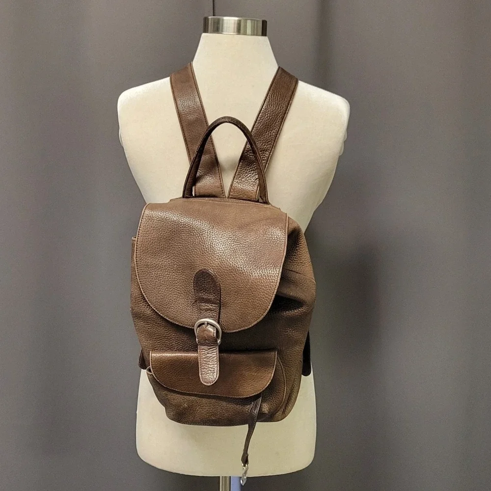 Vintage 90s y2k‎ Backpack Brown Pebbled Genuine Leather Drawstring OS